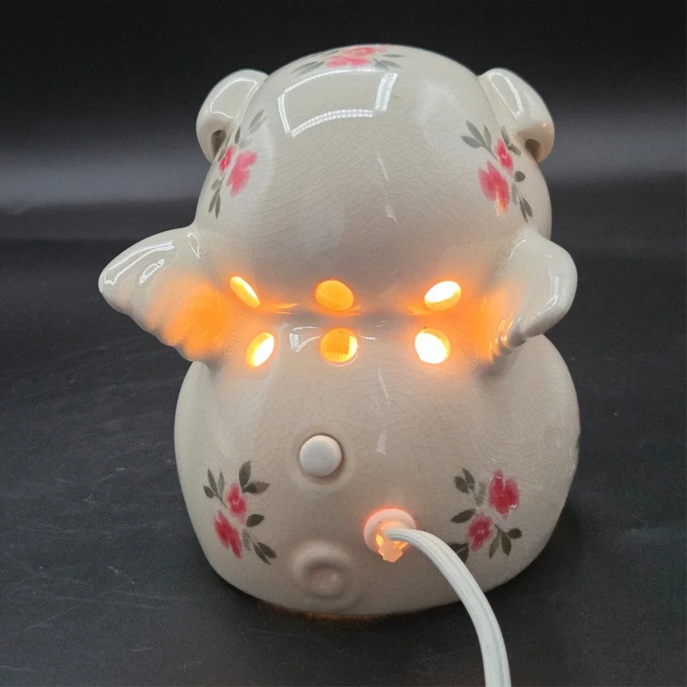 Shabby Chic Ceramic Flying Pig Night Light‎ With Roses and Wings VINTAGE